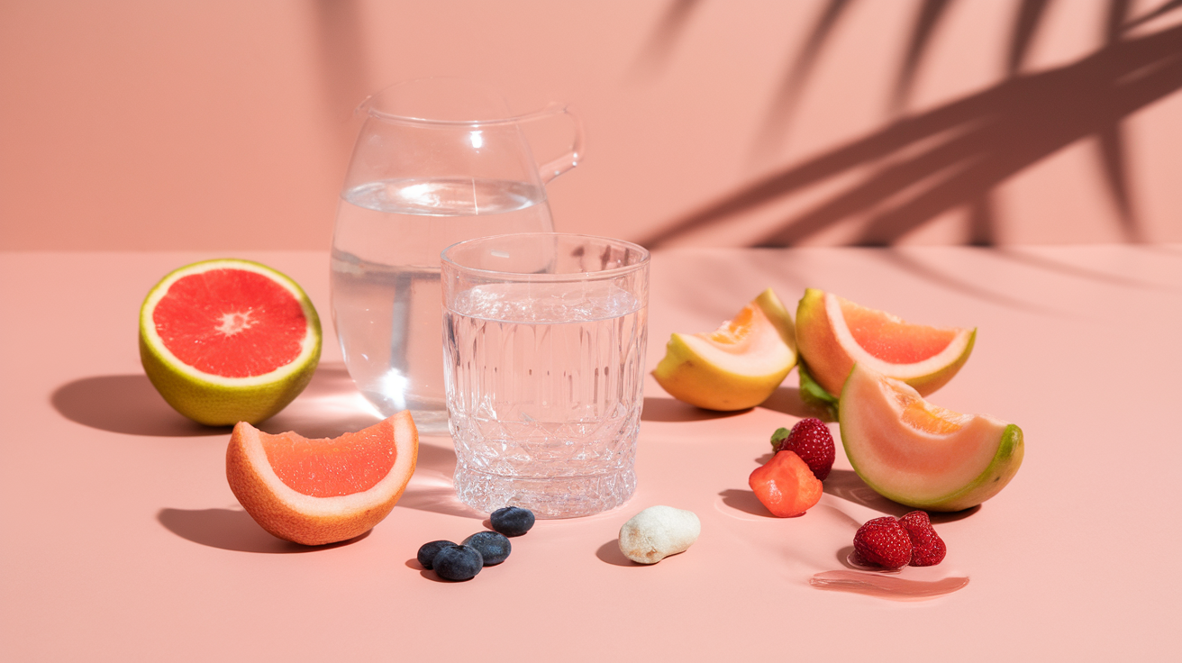 Femeie cu piele strălucitoare mâncând fructe proaspete pentru o nutriție sănătoasă